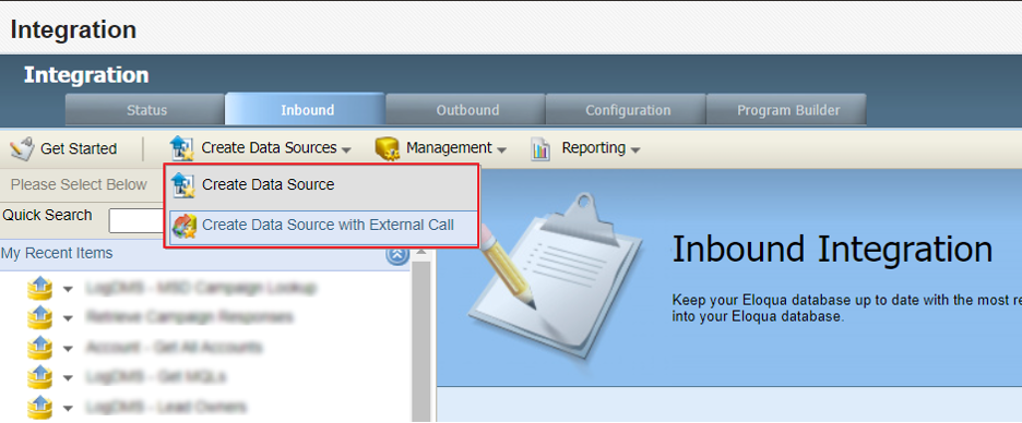 Where to find the Data Source tab in Oracle Eloqua Illustration